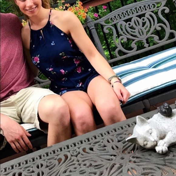 Navy Floral Sleeveless Halter Romper w/ Pockets | S - Picture 2 of 4